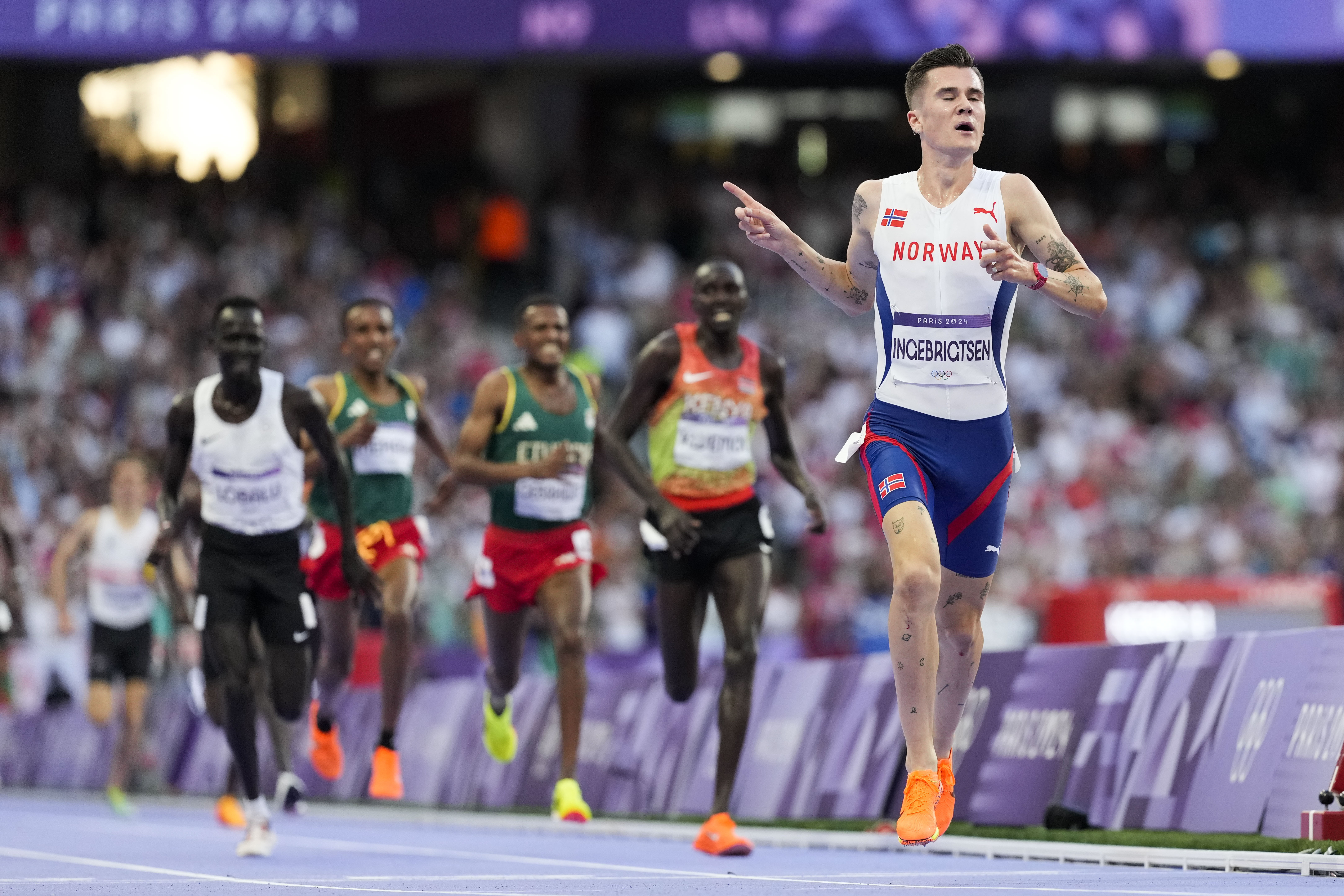 Jakob Ingebrigtsen of Norway wins the 5,000 meters at the Paris