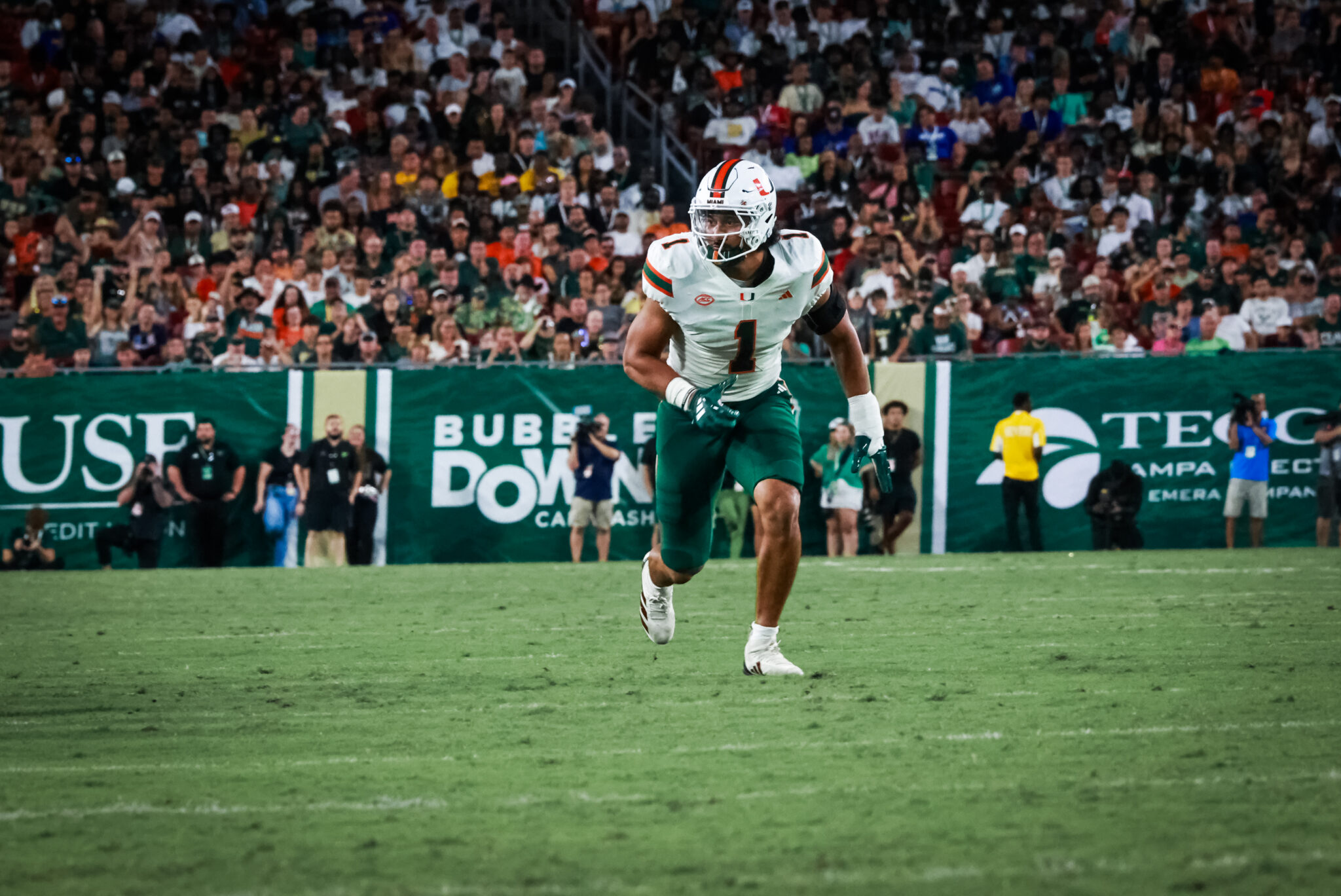 Miami Linebacker Kiko Mauigoa lines up for a pass rush attempt